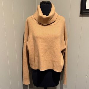 Lumiere Ribbed Cropped Contemporary Casual Fall Winter Tan Cowl Neck Sweater